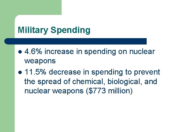 Military Spending 4. 6% increase in spending on nuclear weapons l 11. 5% decrease