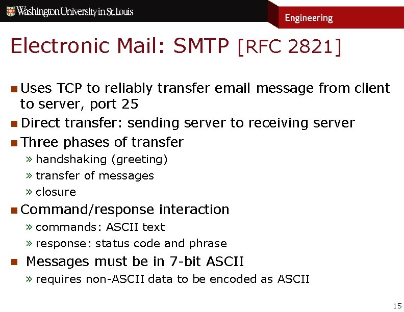 Electronic Mail: SMTP [RFC 2821] n Uses TCP to reliably transfer email message from