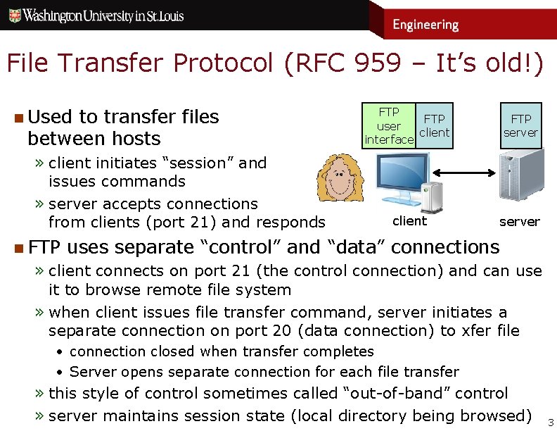 File Transfer Protocol (RFC 959 – It’s old!) n Used to transfer files between