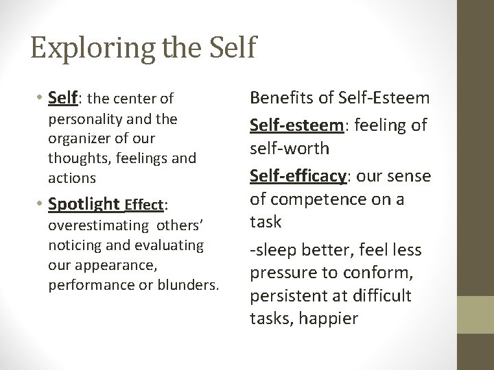 Exploring the Self • Self: the center of personality and the organizer of our