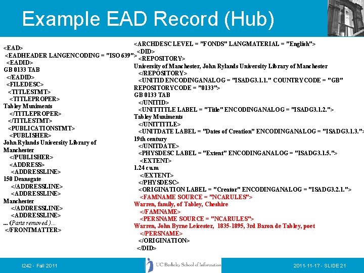 Example EAD Record (Hub) <ARCHDESC LEVEL = "FONDS" LANGMATERIAL = "English"> <EAD> <DID> <EADHEADER