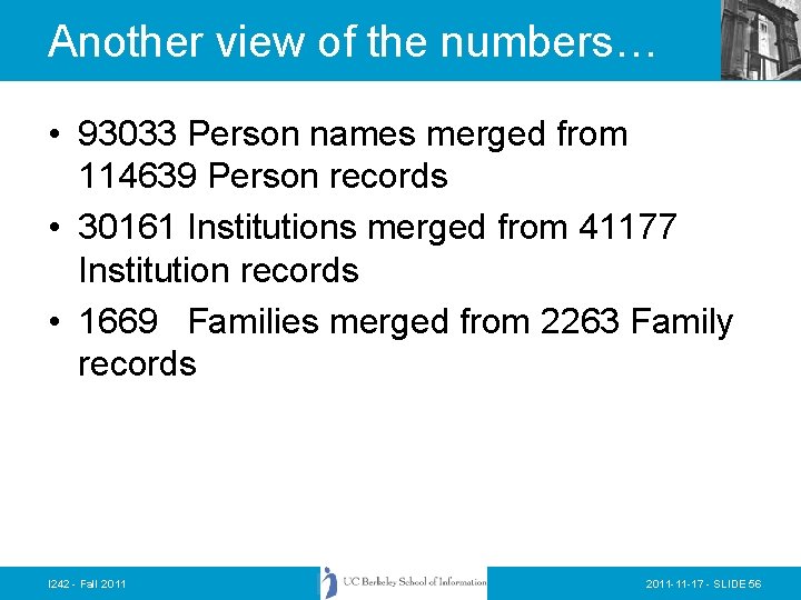 Another view of the numbers… • 93033 Person names merged from 114639 Person records