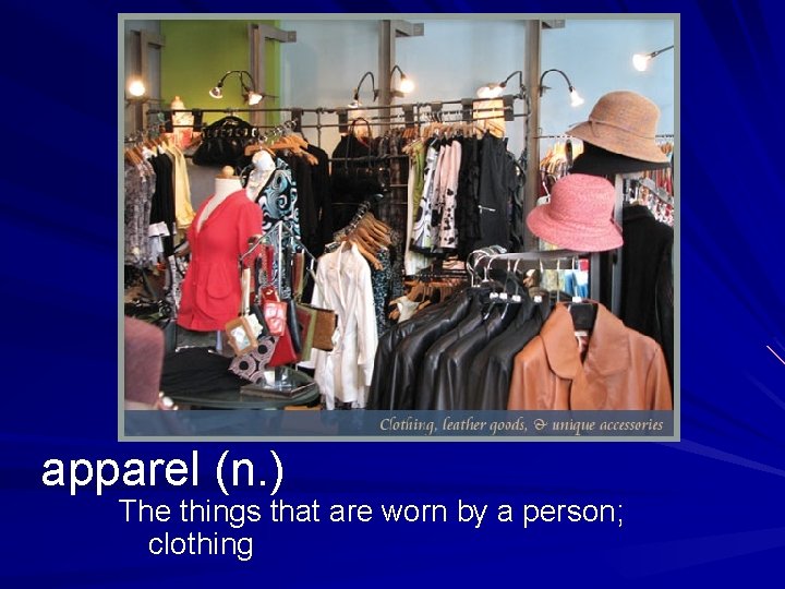 apparel (n. ) The things that are worn by a person; clothing 