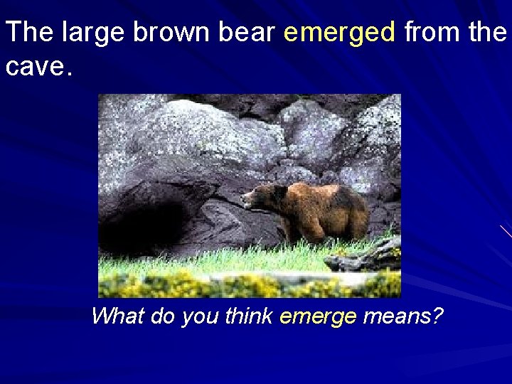 The large brown bear emerged from the cave. What do you think emerge means?
