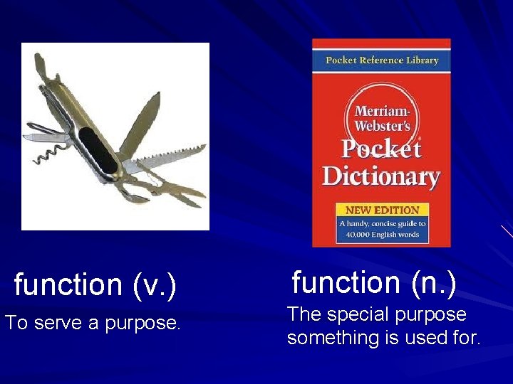function (v. ) To serve a purpose. function (n. ) The special purpose something