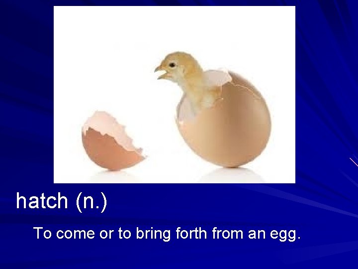 hatch (n. ) To come or to bring forth from an egg. 