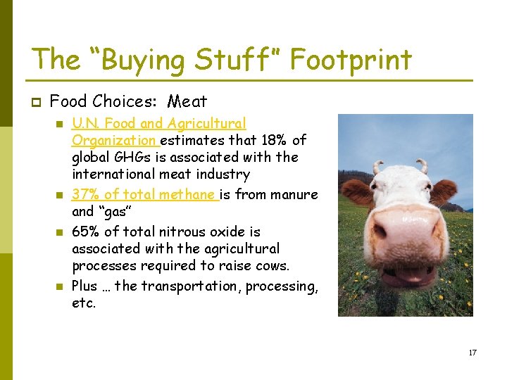 The “Buying Stuff” Footprint p Food Choices: Meat n n U. N. Food and