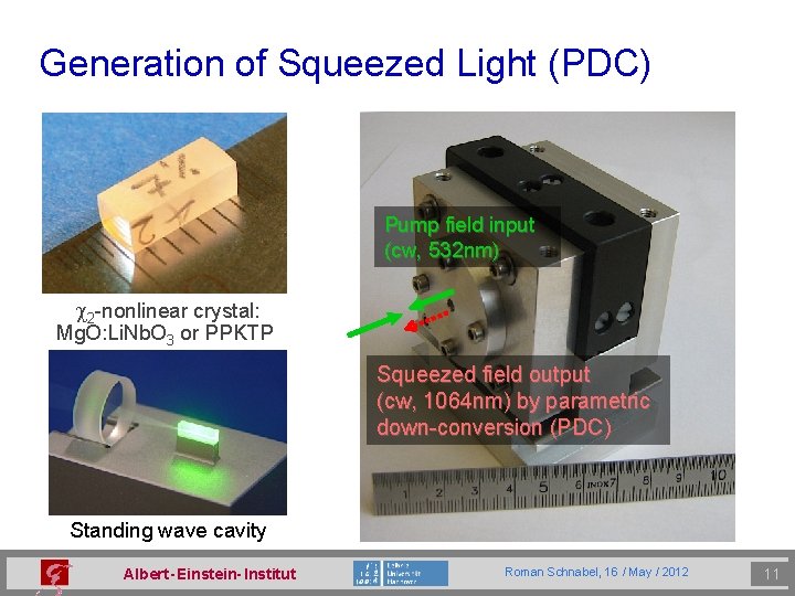 Generation of Squeezed Light (PDC) Pump field input (cw, 532 nm) c 2 -nonlinear