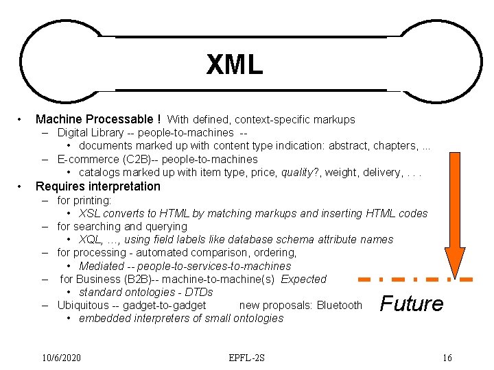 XML • Machine Processable ! With defined, context-specific markups – Digital Library -- people-to-machines