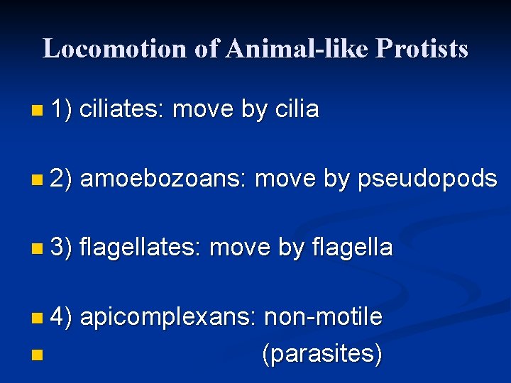 Locomotion of Animal-like Protists n 1) ciliates: move by cilia n 2) amoebozoans: move