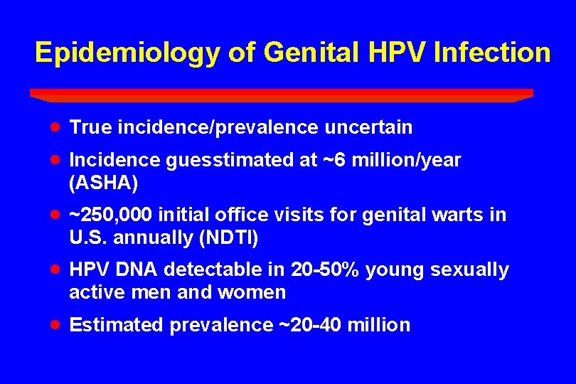 Epidemiology of Genital HPV Infection · · True incidence/prevalence uncertain · ~250, 000 initial