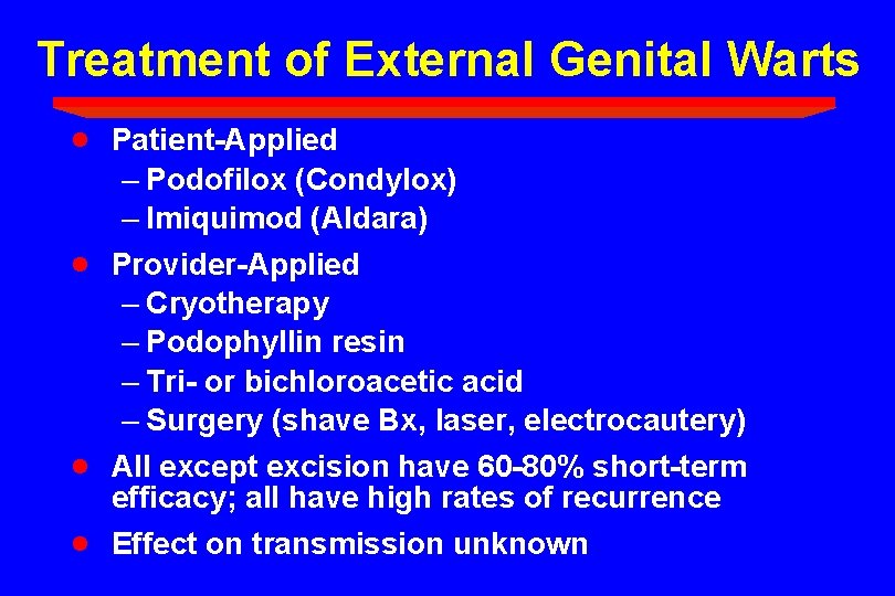 Treatment of External Genital Warts · · Patient-Applied – Podofilox (Condylox) – Imiquimod (Aldara)