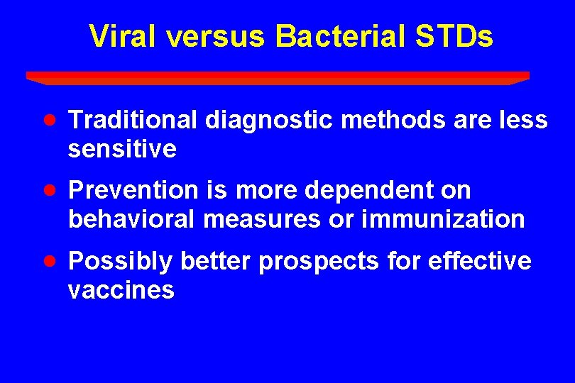 Viral versus Bacterial STDs · Traditional diagnostic methods are less sensitive · Prevention is