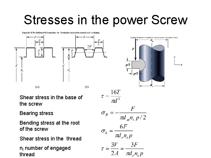 Stresses in the power Screw Shear stress in the base of the screw Bearing