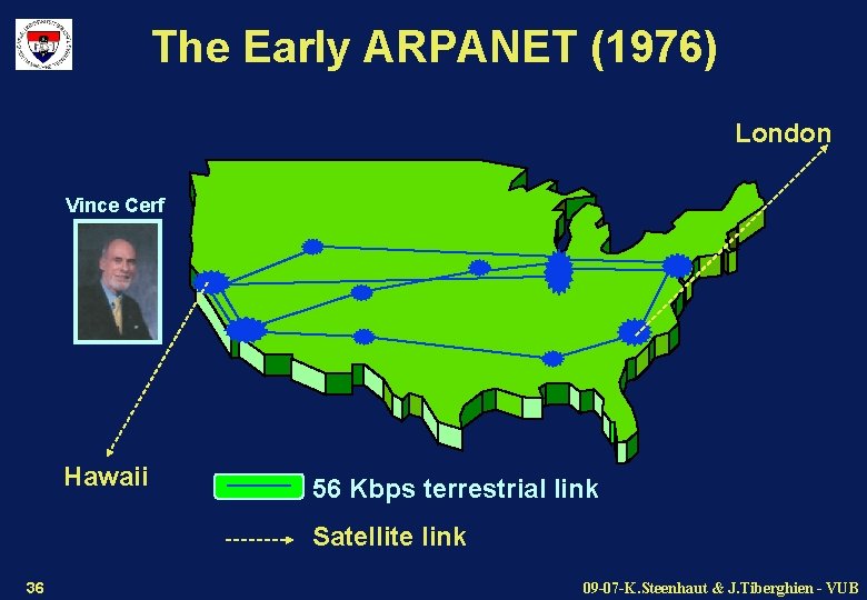 The Early ARPANET (1976) London Vince Cerf Hawaii 56 Kbps terrestrial link Satellite link