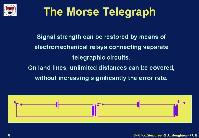 The Morse Telegraph Signal strength can be restored by means of electromechanical relays connecting