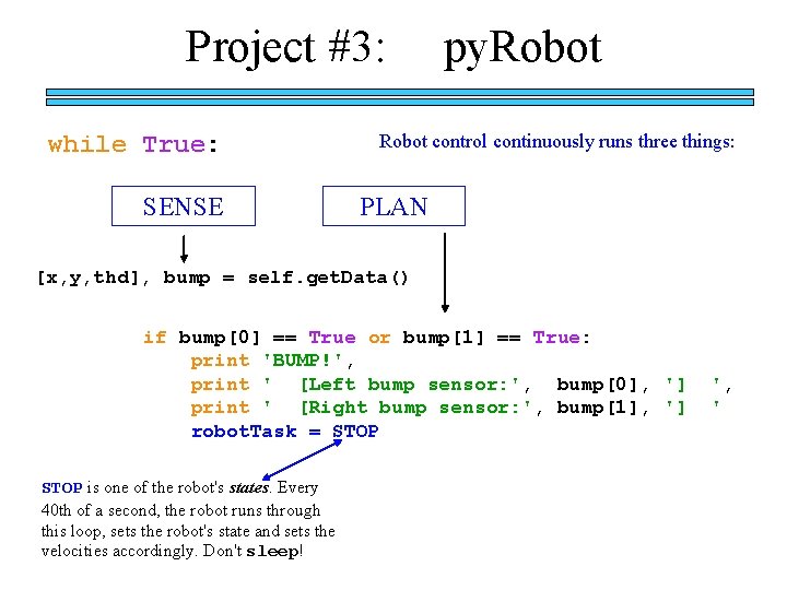 Project #3: while True: SENSE py. Robot control continuously runs three things: PLAN [x,