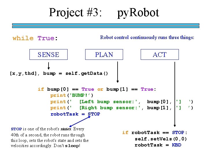 Project #3: while True: SENSE py. Robot control continuously runs three things: PLAN ACT