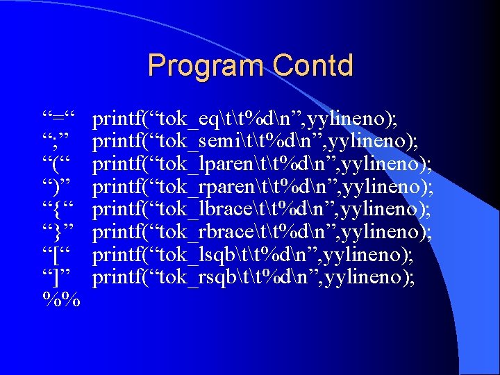Program Contd “=“ “; ” “(“ “)” “{“ “}” “[“ “]” %% printf(“tok_eqtt%dn”, yylineno);