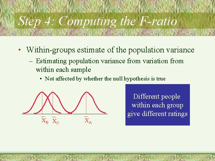 Step 4: Computing the F-ratio • Within-groups estimate of the population variance – Estimating