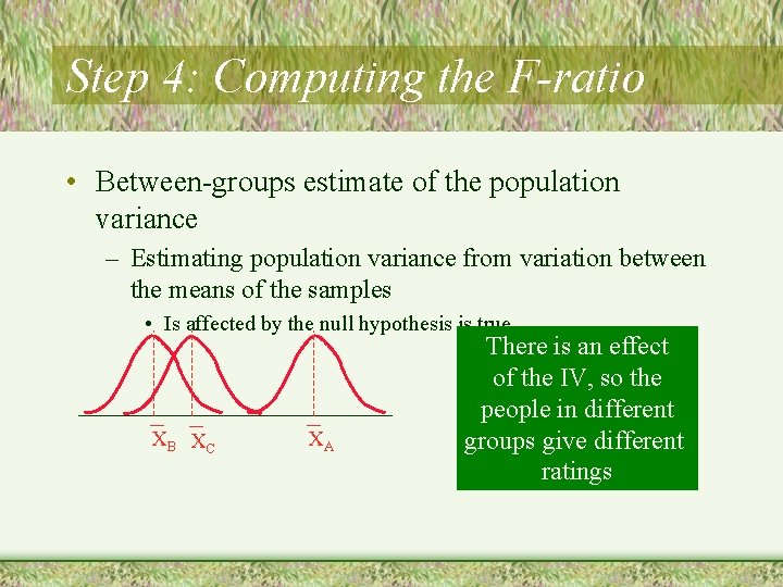 Step 4: Computing the F-ratio • Between-groups estimate of the population variance – Estimating