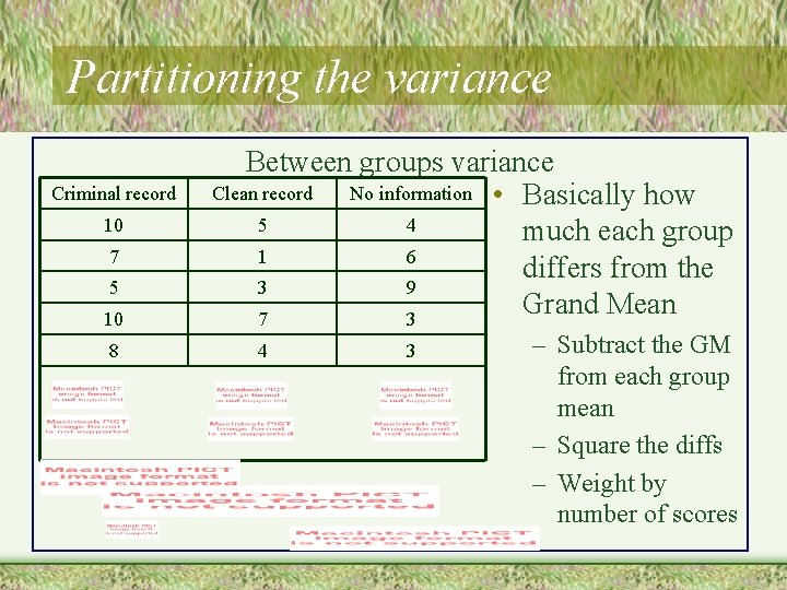 Partitioning the variance Criminal record 10 7 5 10 8 Between groups variance Clean