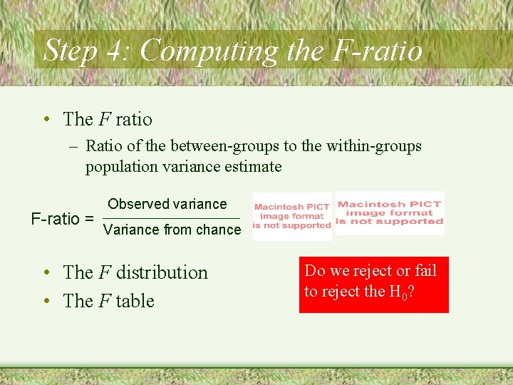 Step 4: Computing the F-ratio • The F ratio – Ratio of the between-groups