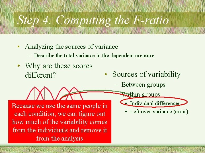 Step 4: Computing the F-ratio • Analyzing the sources of variance – Describe the