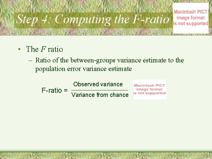 Step 4: Computing the F-ratio • The F ratio – Ratio of the between-groups