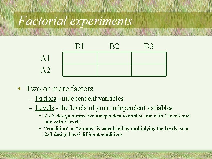 Factorial experiments B 1 B 2 B 3 A 1 A 2 • Two