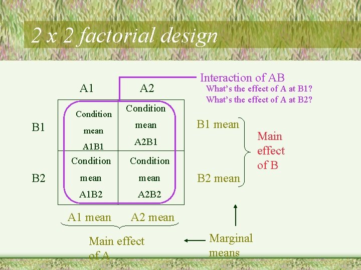 2 x 2 factorial design A 1 Condition B 1 mean A 1 B