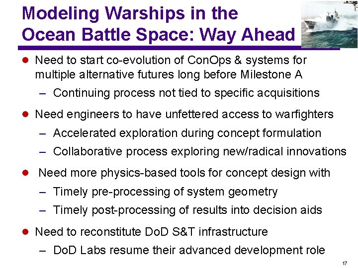 Modeling Warships in the Ocean Battle Space: Way Ahead l Need to start co-evolution