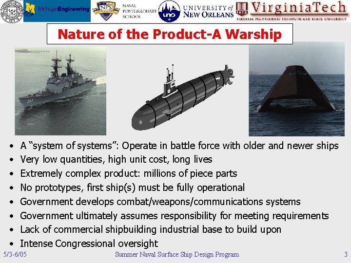 Nature of the Product-A Warship • • A “system of systems”: Operate in battle