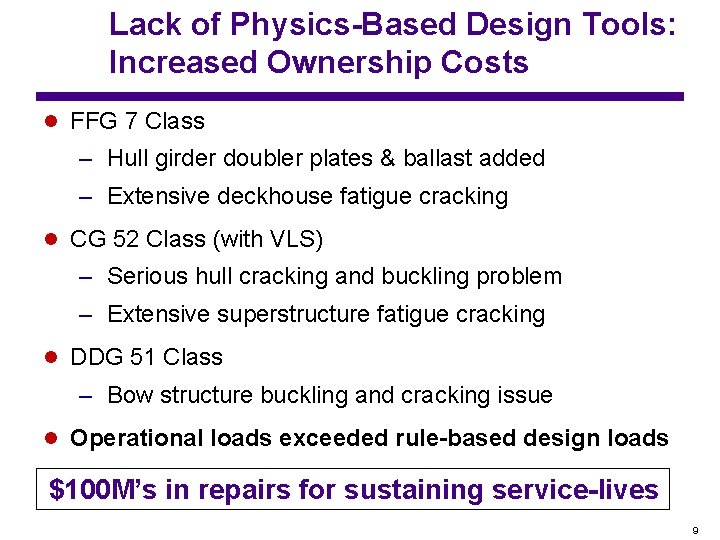 Lack of Physics-Based Design Tools: Increased Ownership Costs l FFG 7 Class – Hull