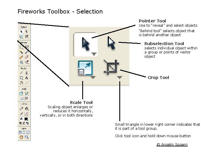 Fireworks Toolbox Selection Pointer Tool Use to “reveal” and select objects “Behind tool” selects Fireworks Toolbox Selection Pointer Tool Use to “reveal” and select objects “Behind tool” selects