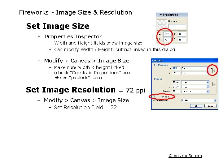 Fireworks Image Size & Resolution Set Image Size – Properties Inspector – Width and Fireworks Image Size & Resolution Set Image Size – Properties Inspector – Width and