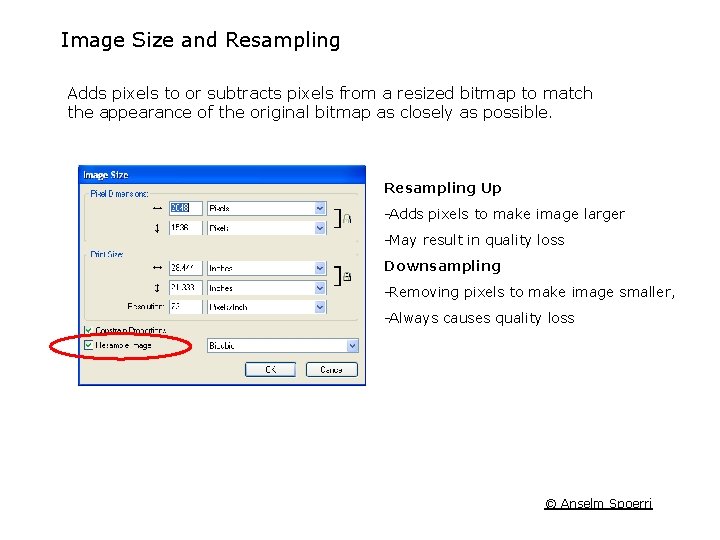 Image Size and Resampling Adds pixels to or subtracts pixels from a resized bitmap Image Size and Resampling Adds pixels to or subtracts pixels from a resized bitmap