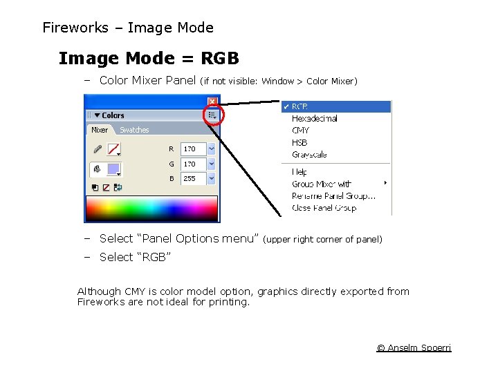 Fireworks – Image Mode = RGB – Color Mixer Panel (if not visible: Window Fireworks – Image Mode = RGB – Color Mixer Panel (if not visible: Window