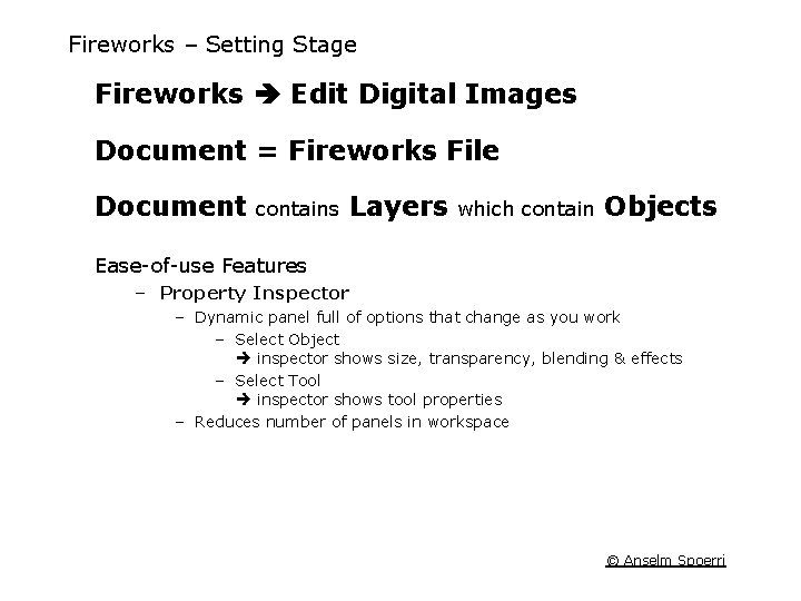 Fireworks – Setting Stage Fireworks Edit Digital Images Document = Fireworks File Document contains Fireworks – Setting Stage Fireworks Edit Digital Images Document = Fireworks File Document contains