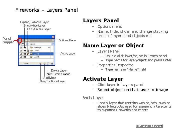 Fireworks – Layers Panel Gripper – Options menu – Name, hide, show, and change Fireworks – Layers Panel Gripper – Options menu – Name, hide, show, and change