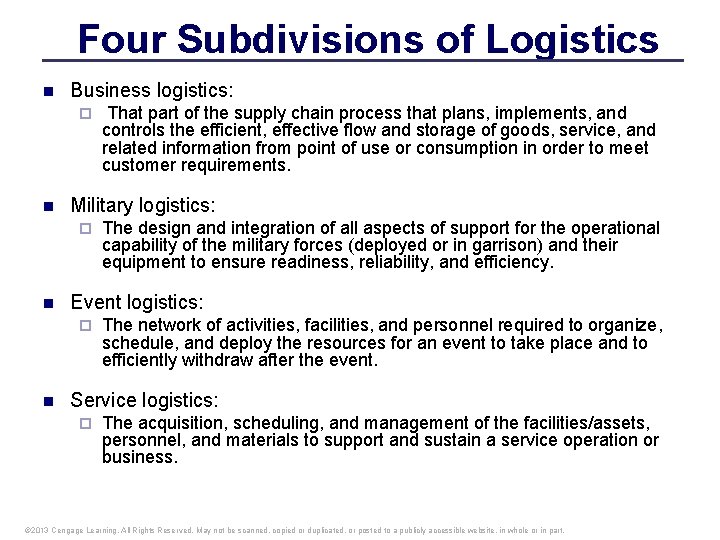 Four Subdivisions of Logistics n Business logistics: ¨ n Military logistics: ¨ n The