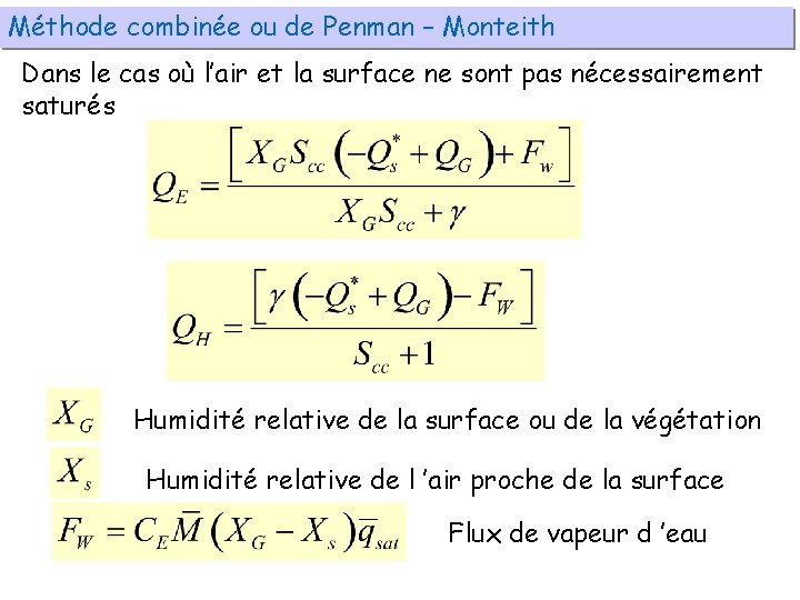Méthode combinée ou de Penman – Monteith Dans le cas où l’air et la