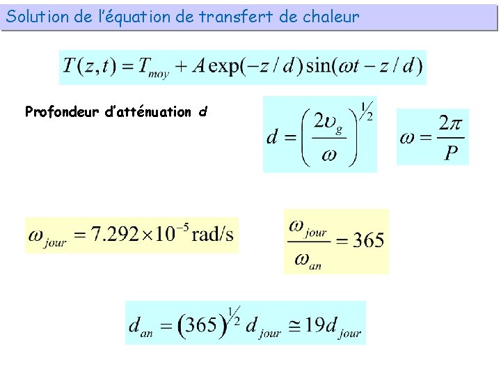 Solution de l’équation de transfert de chaleur Profondeur d’atténuation d 