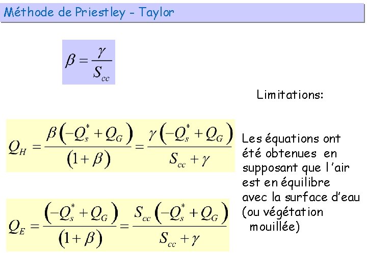 Méthode de Priestley - Taylor Limitations: Les équations ont été obtenues en supposant que