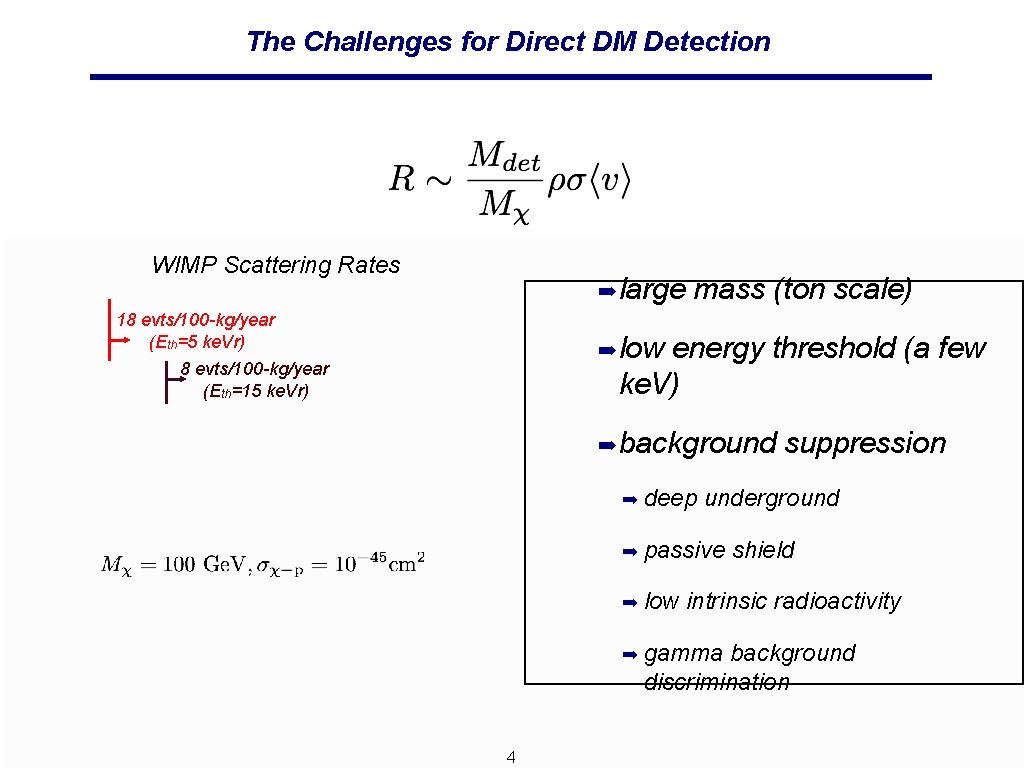 The Challenges for Direct DM Detection WIMP Scattering Rates ➡ large 18 evts/100 -kg/year