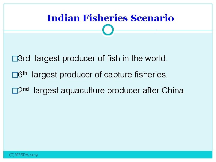 Indian Fisheries Scenario � 3 rd largest producer of fish in the world. �