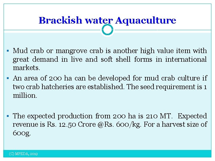 Brackish water Aquaculture § Mud crab or mangrove crab is another high value item