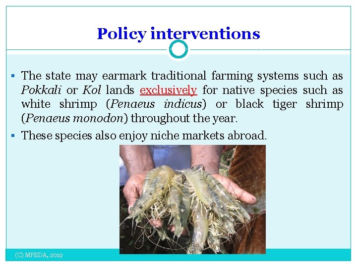 Policy interventions § The state may earmark traditional farming systems such as Pokkali or