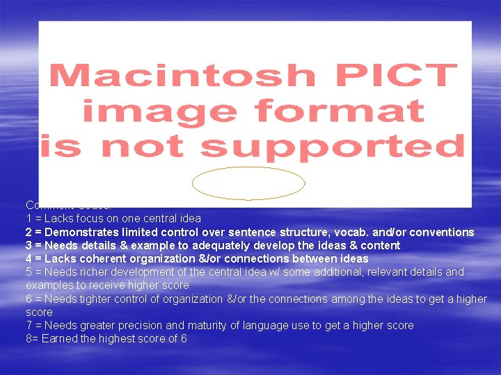 Comment Codes: 1 = Lacks focus on one central idea 2 = Demonstrates limited