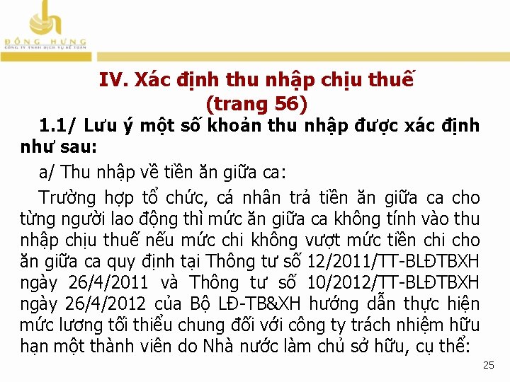 IV. Xác định thu nhập chịu thuế (trang 56) 1. 1/ Lưu ý một IV. Xác định thu nhập chịu thuế (trang 56) 1. 1/ Lưu ý một